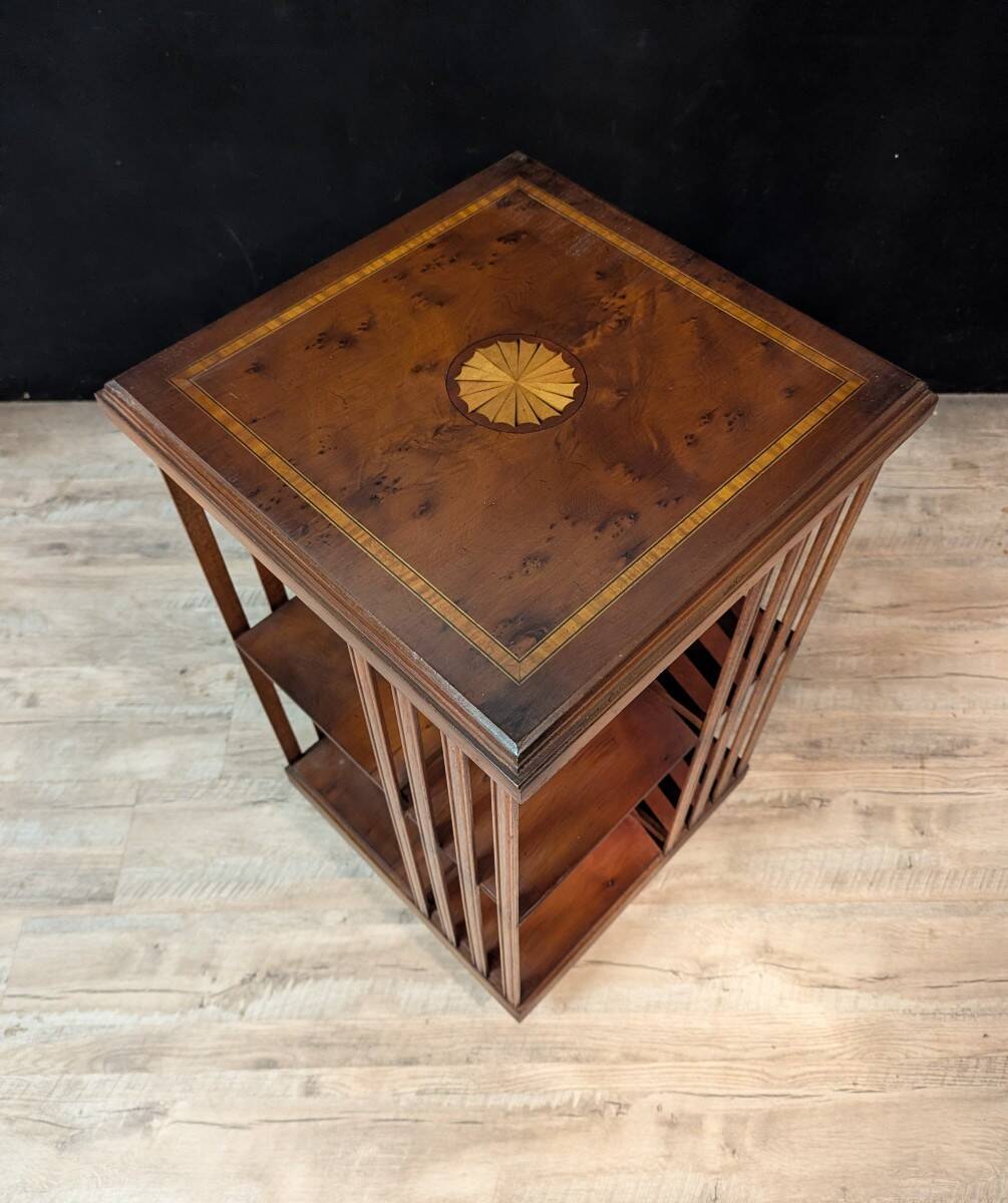 English rotating library in mahogany and marquetry