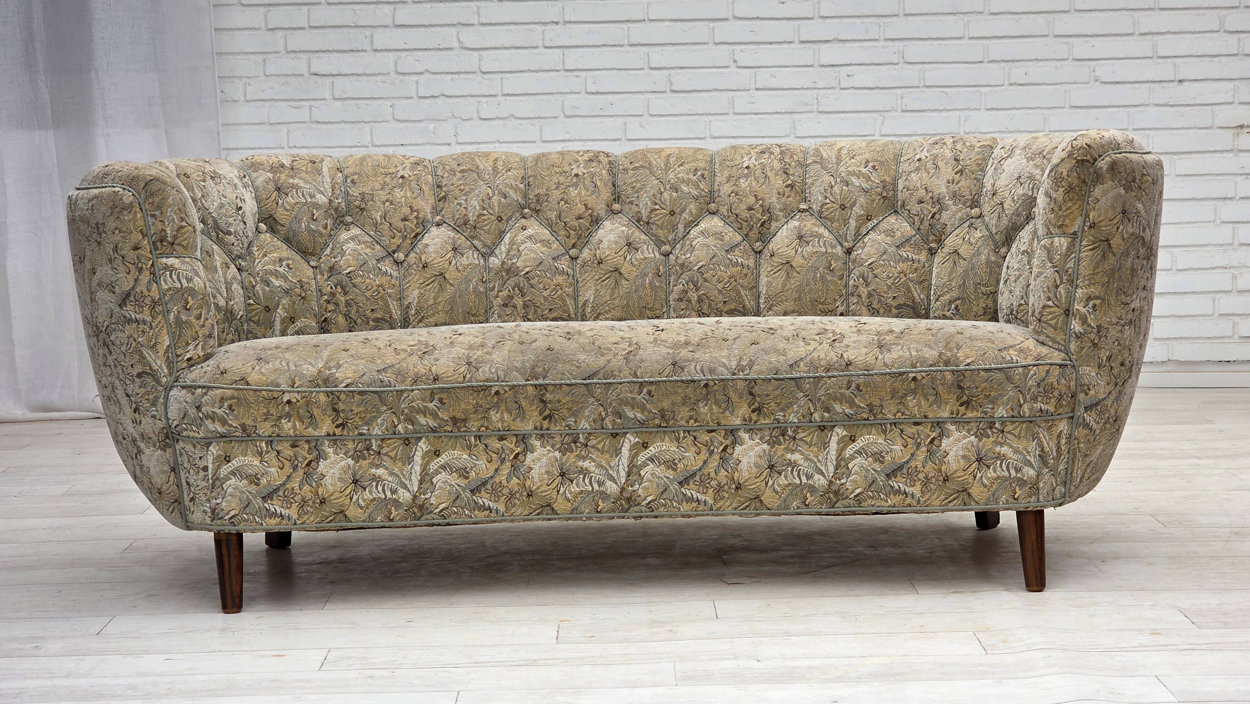 1970s, Danish 3 seater curved sofa, original multicolor furniture fabric.