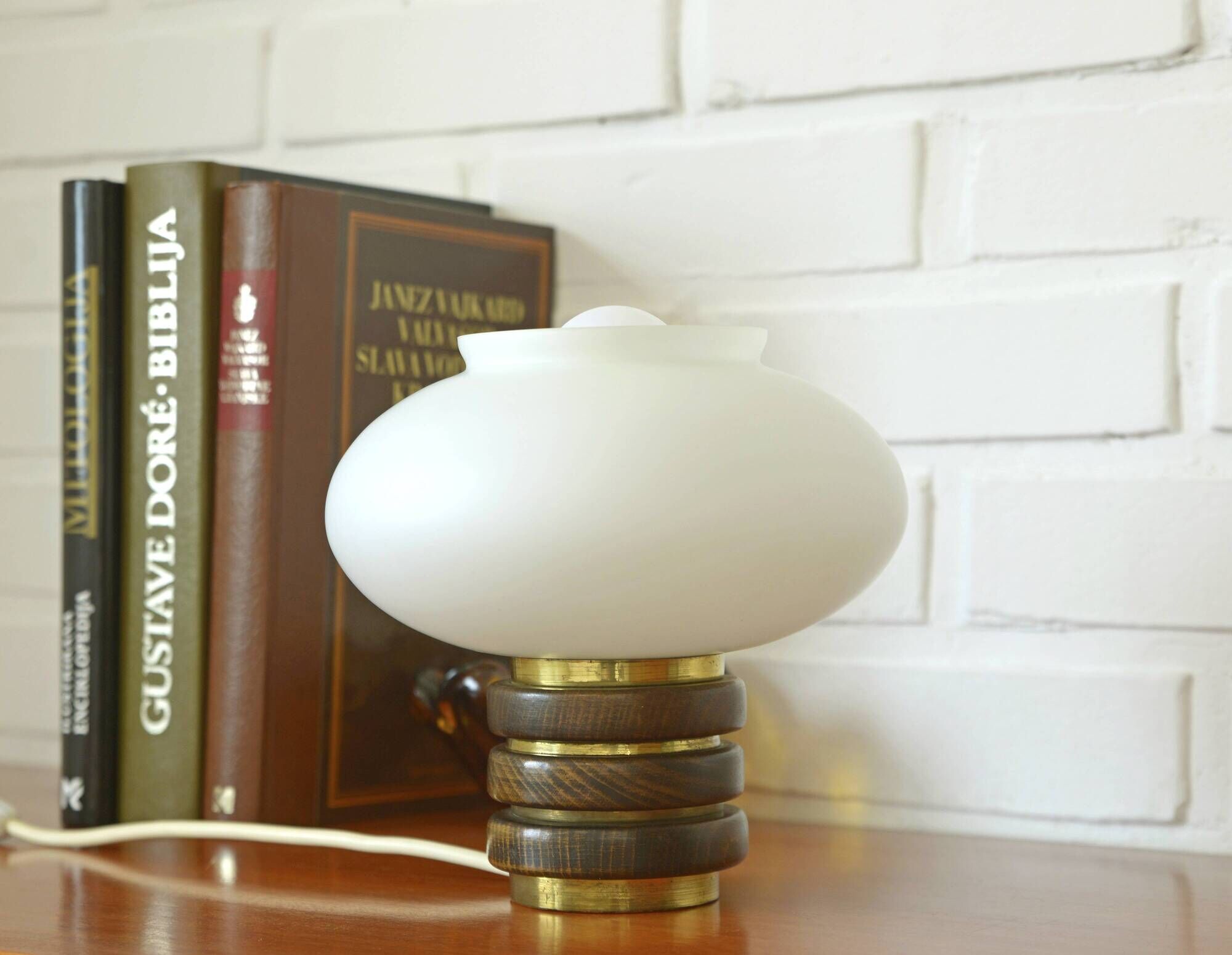 Vintage mushroom desk lamp bedside light brass and wood table lamp 1970's