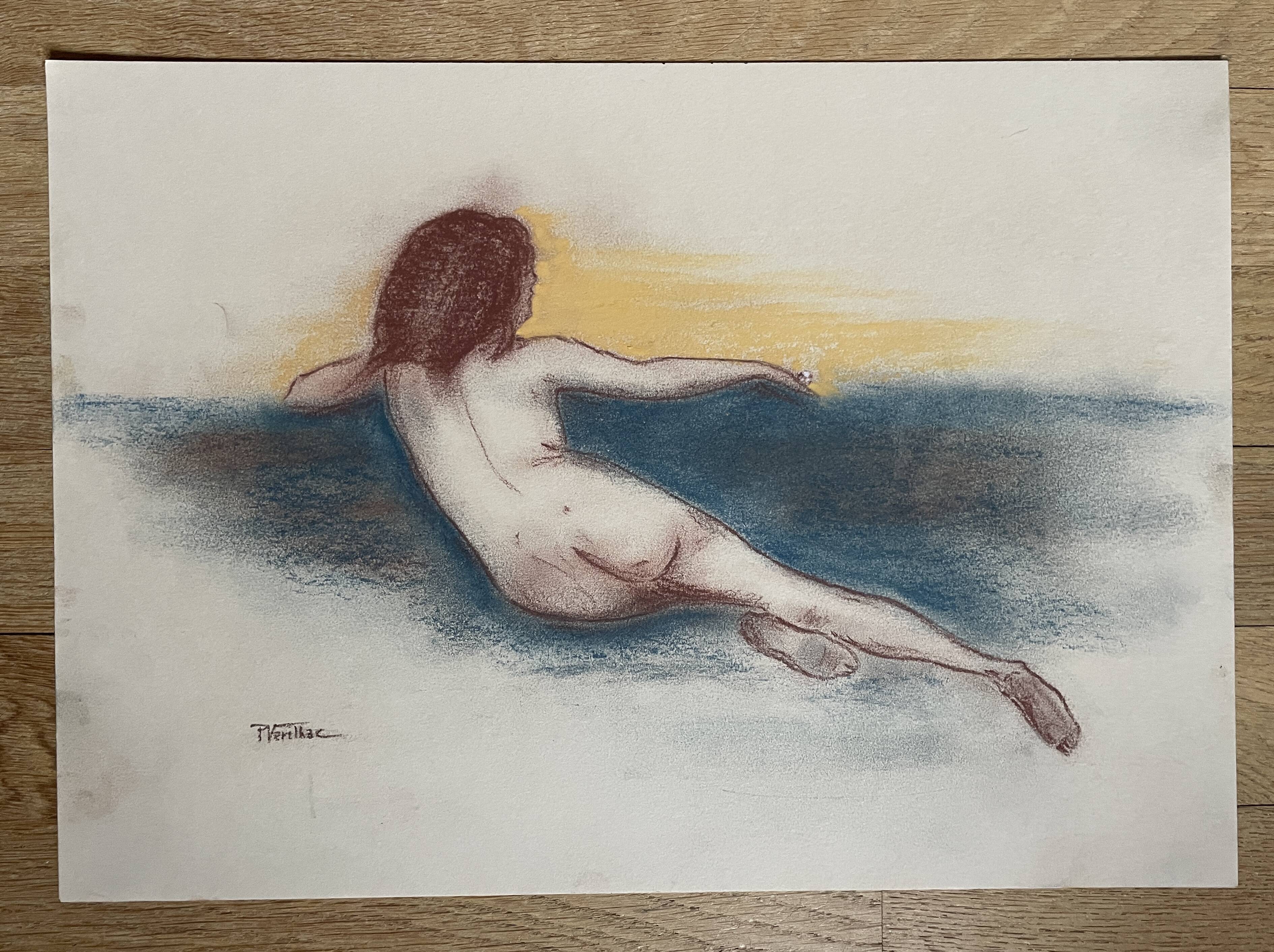 Signed sanguine pastel portrait "the blue sofa"