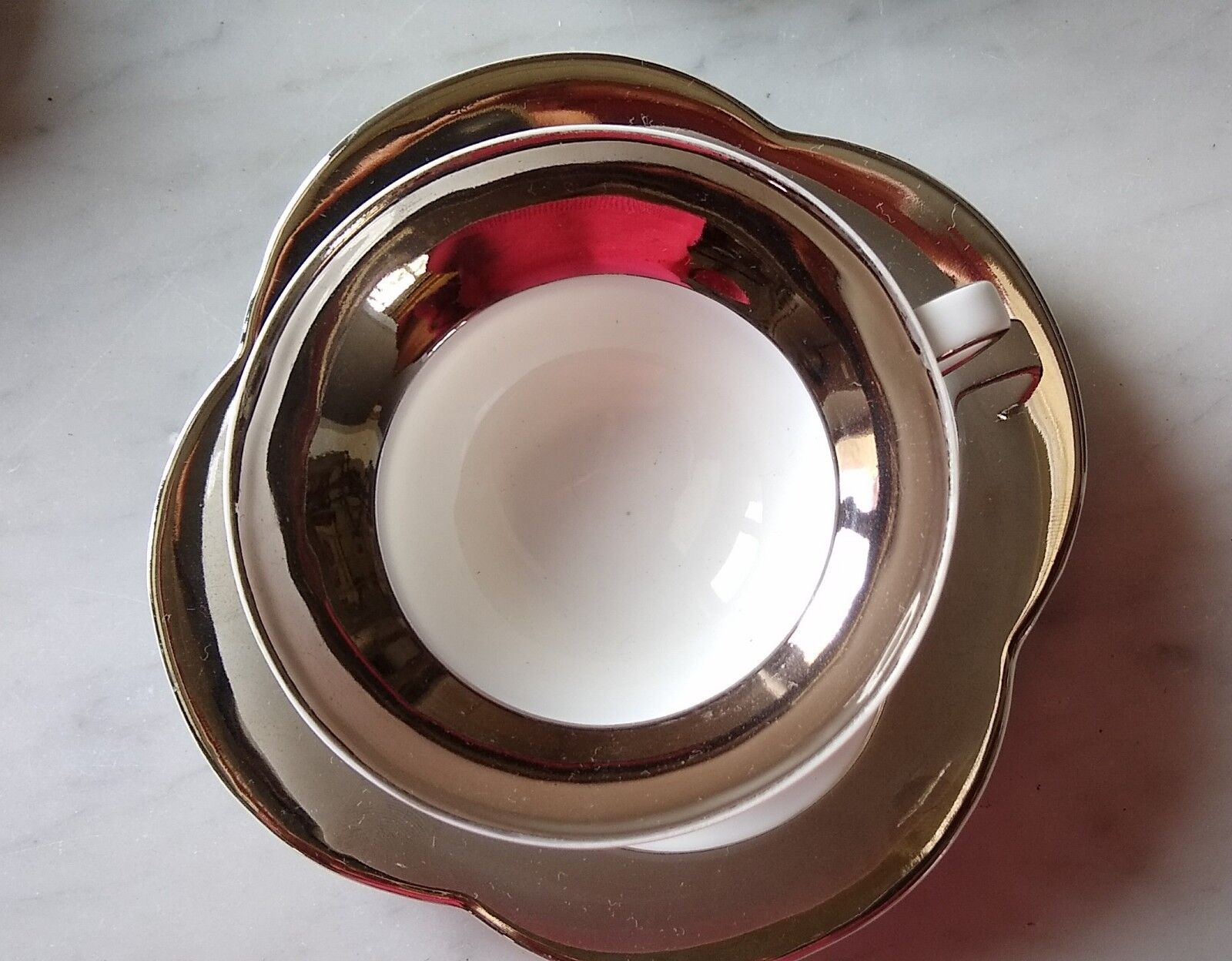 6 tea cups in fine porcelain Epiag white and gray moiré steel