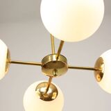 Italian Mid Century Golden Sputnik Chandelier with Opaline Shades, 1960s
