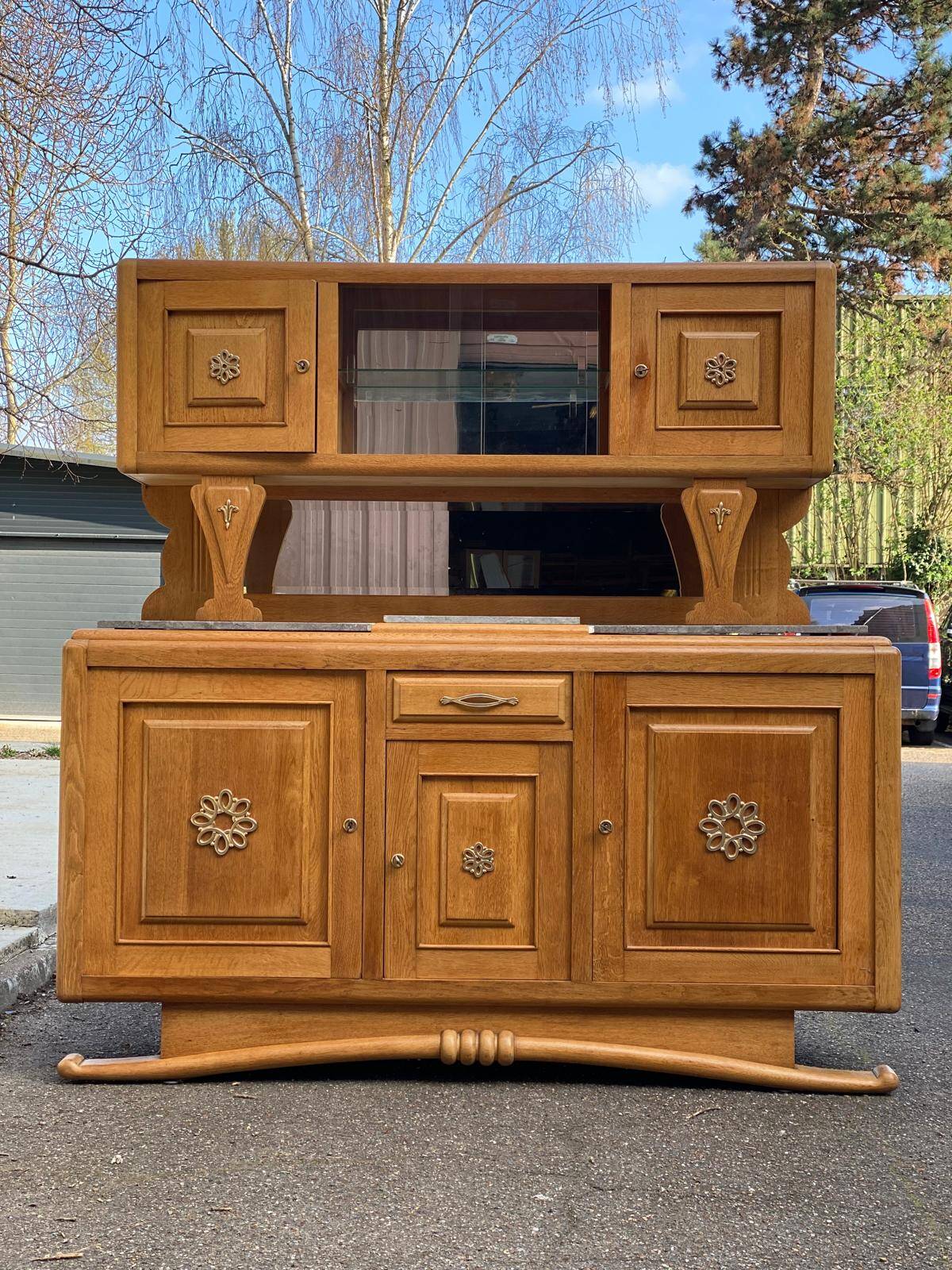 Parisian Art Deco sideboard with 2 sections in solid oak and marble, 1940
