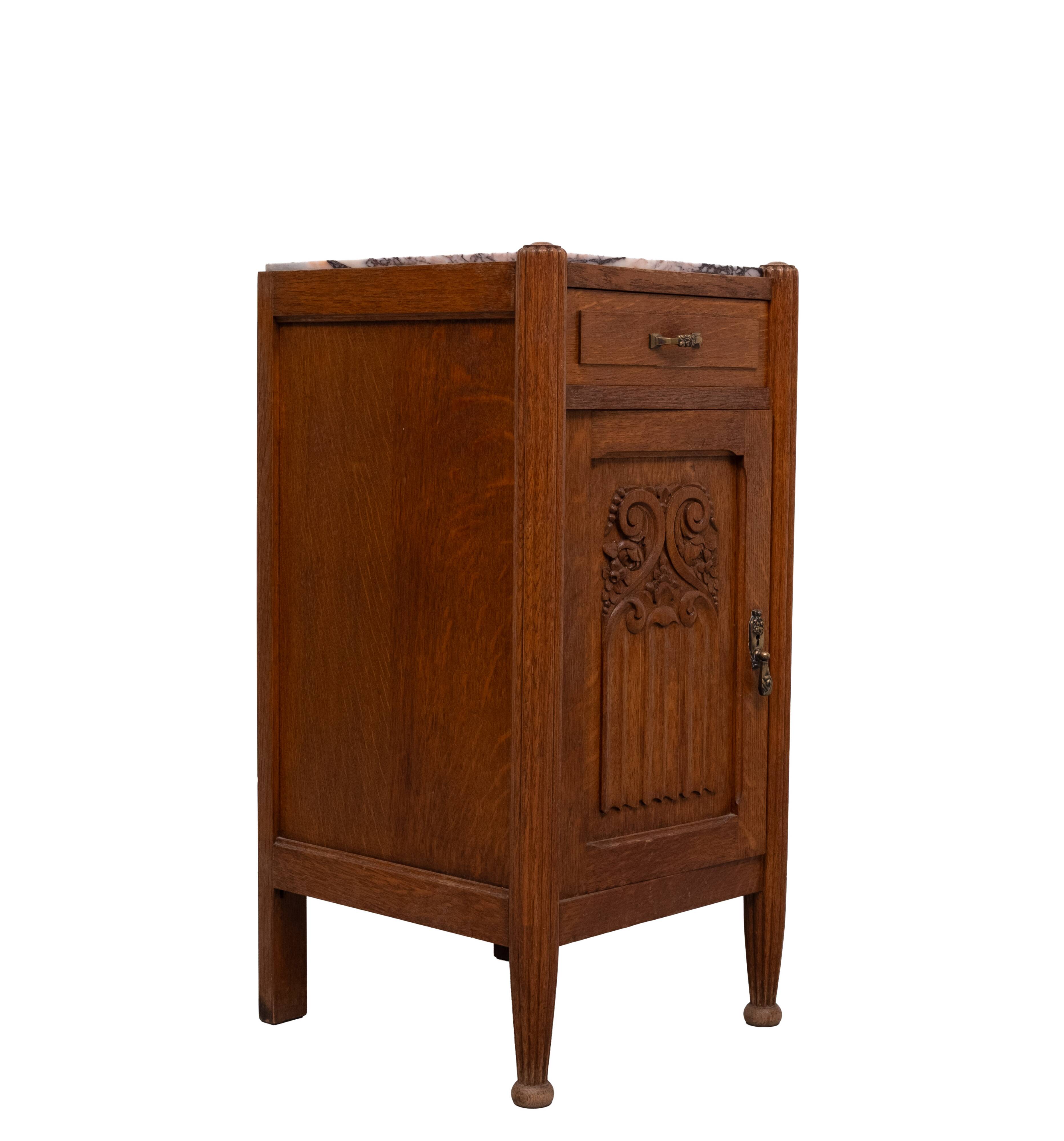 Art Nouveau Nightstand, Solid Oak & Marble Top, Hand-Carved, 1920s