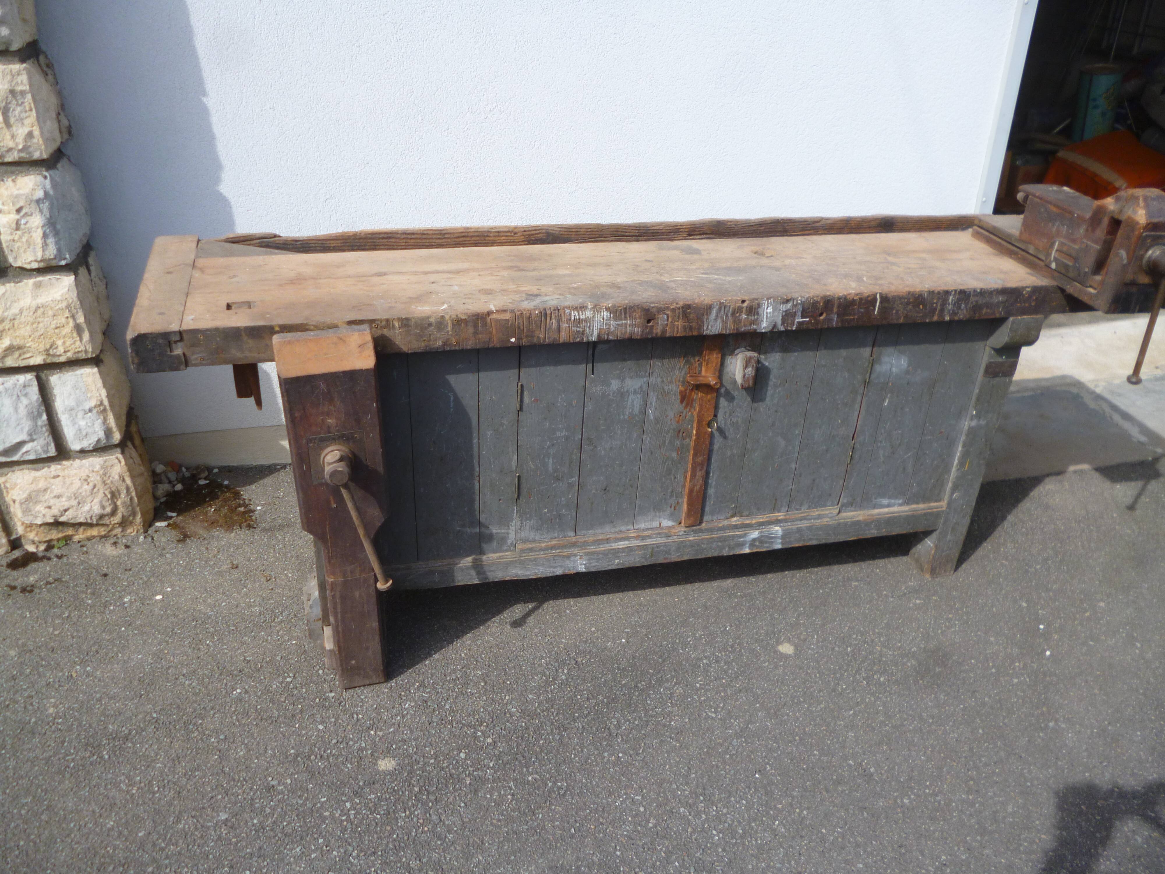 Peugeot brand old green patina wooden workbench
