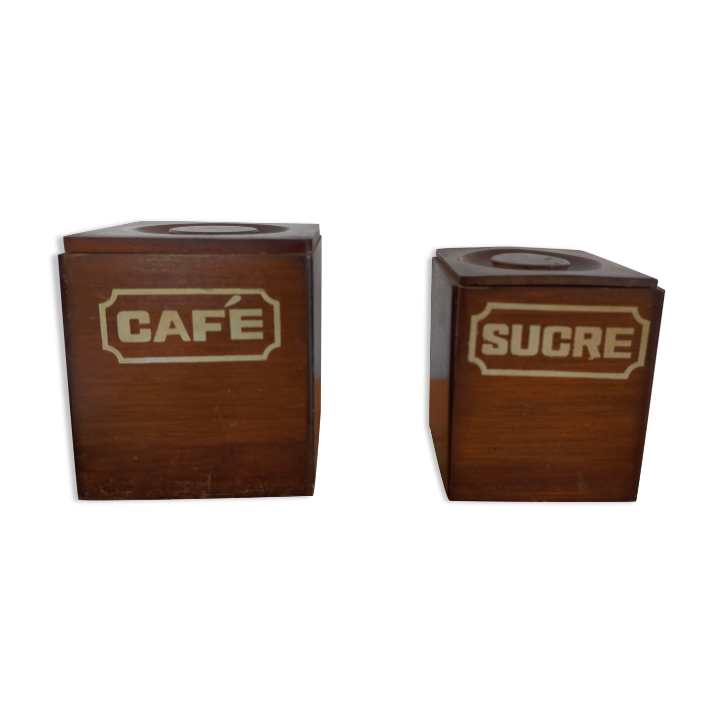 Vintage wooden spice boxes old coffee sugar
