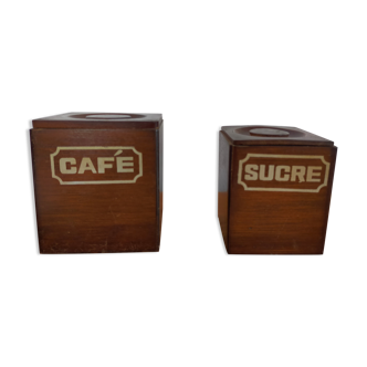 Vintage wooden spice boxes old coffee sugar