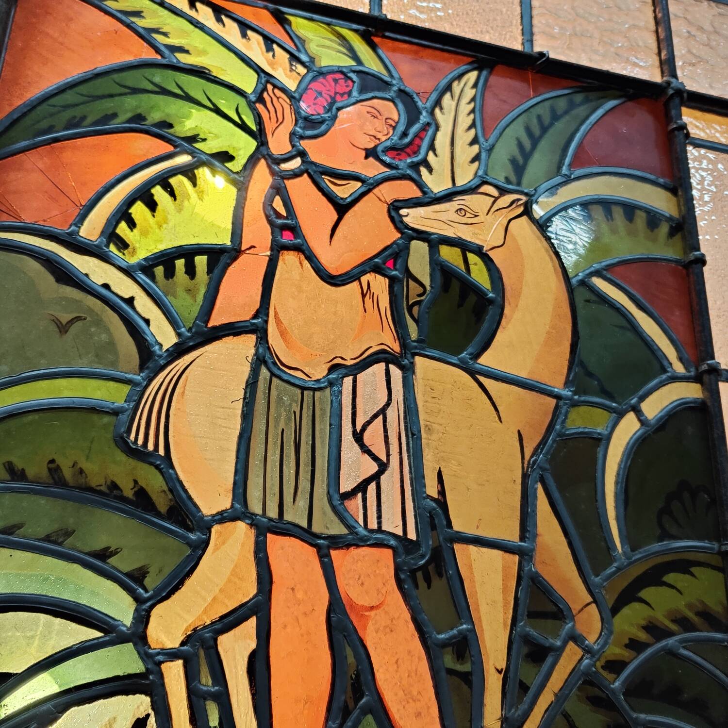 Large 19th century stained glass window The woman and the doe