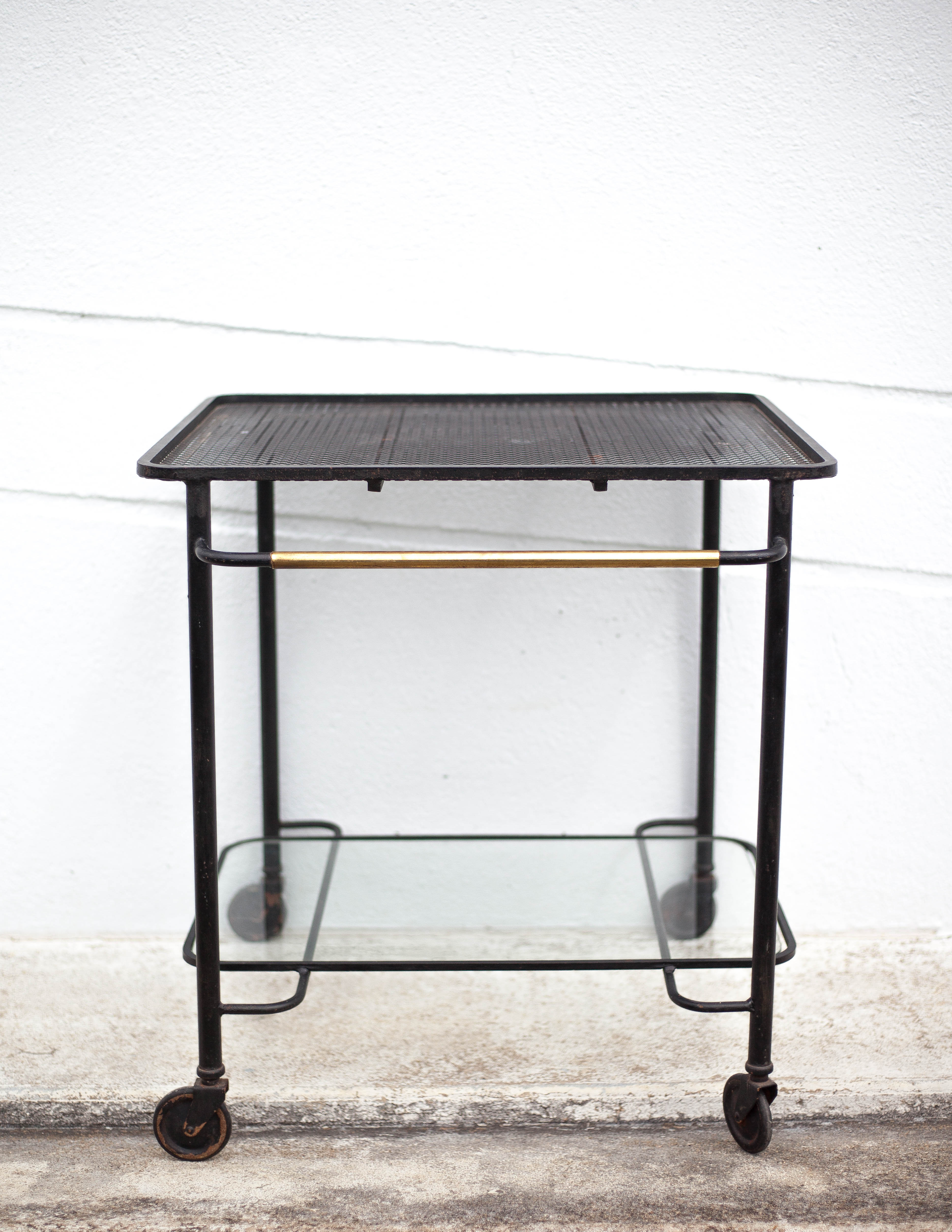Mathieu Matégot rolling table, steel and brass service, 50s