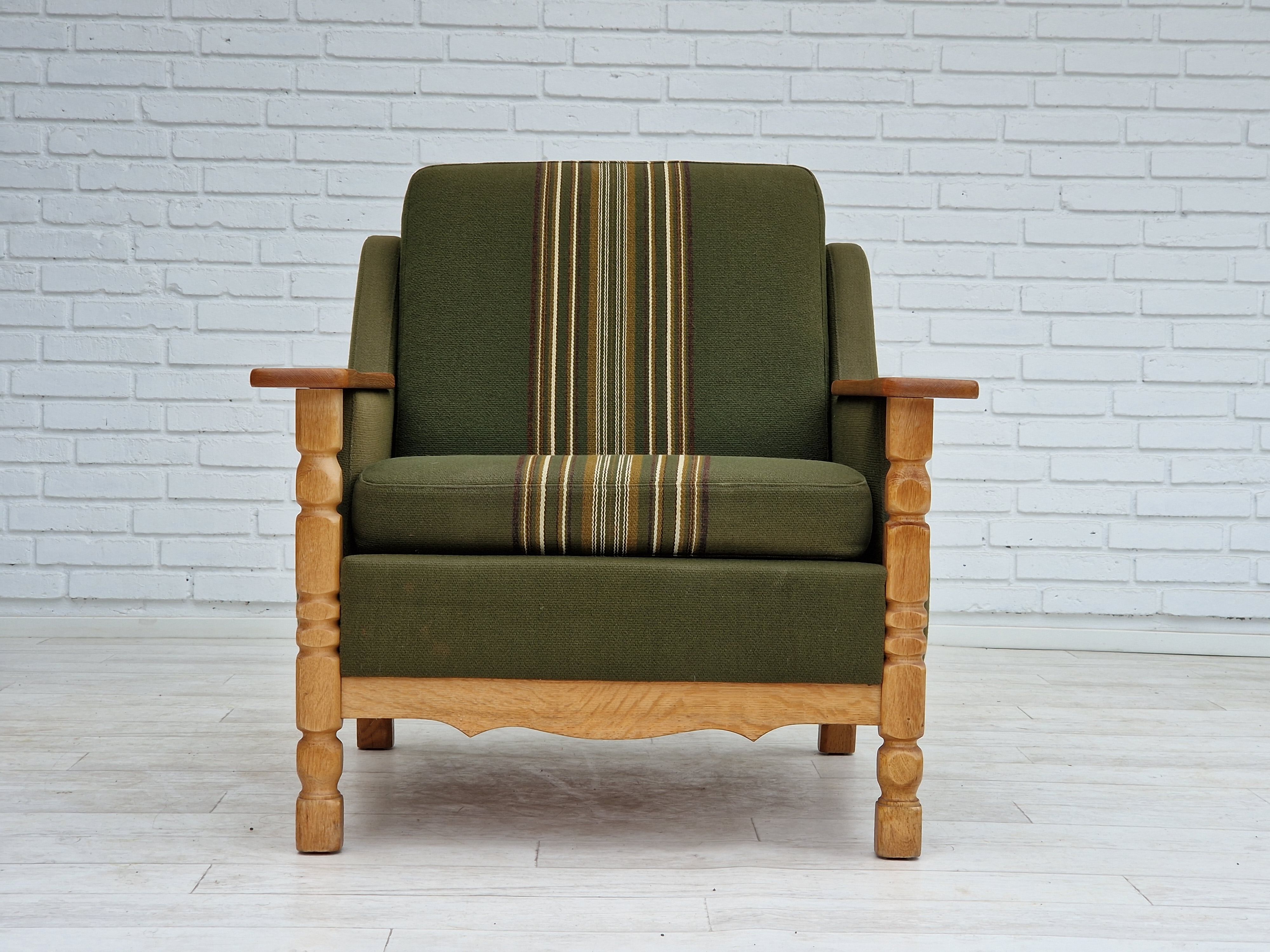 1970s, Danish design, lounge chair in green furniture wool, oak wood
