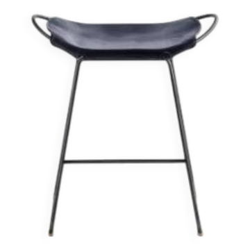 Contemporary kitchen stool Organic Black steel and navy blue leather