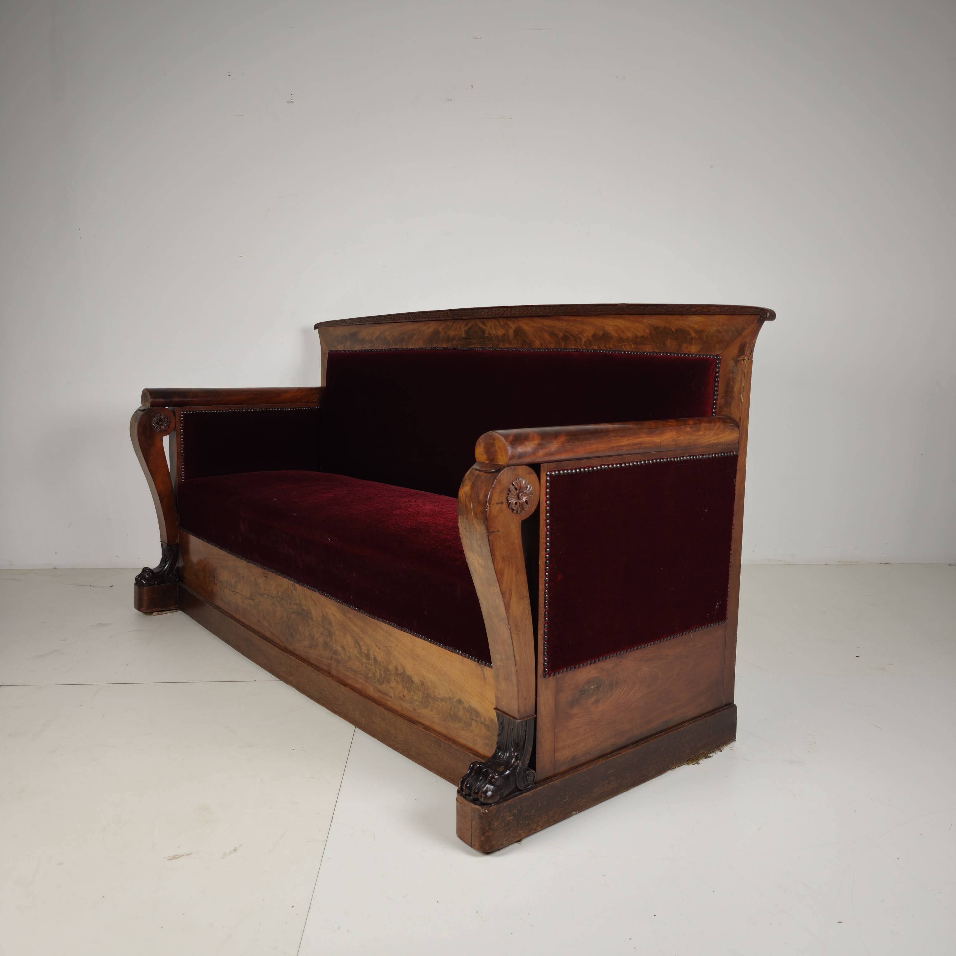 Empire Walnut Red Sofa, early 19th Century
