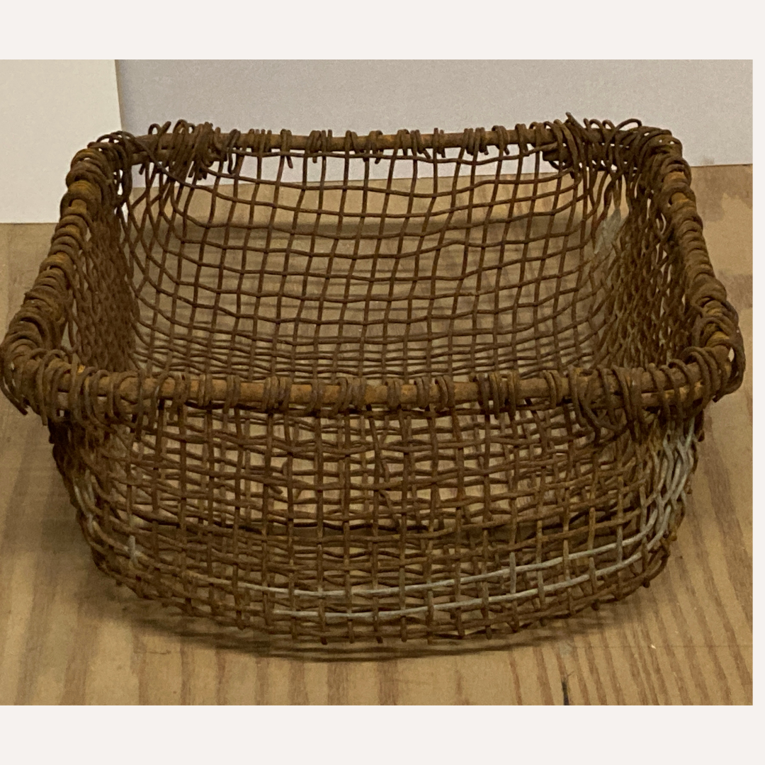 Antique woven rustic metal fireplace basket, Netherlands ca 1900