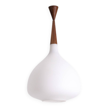 Pendant light in white opaline glass and blond mahogany. 1960s.
