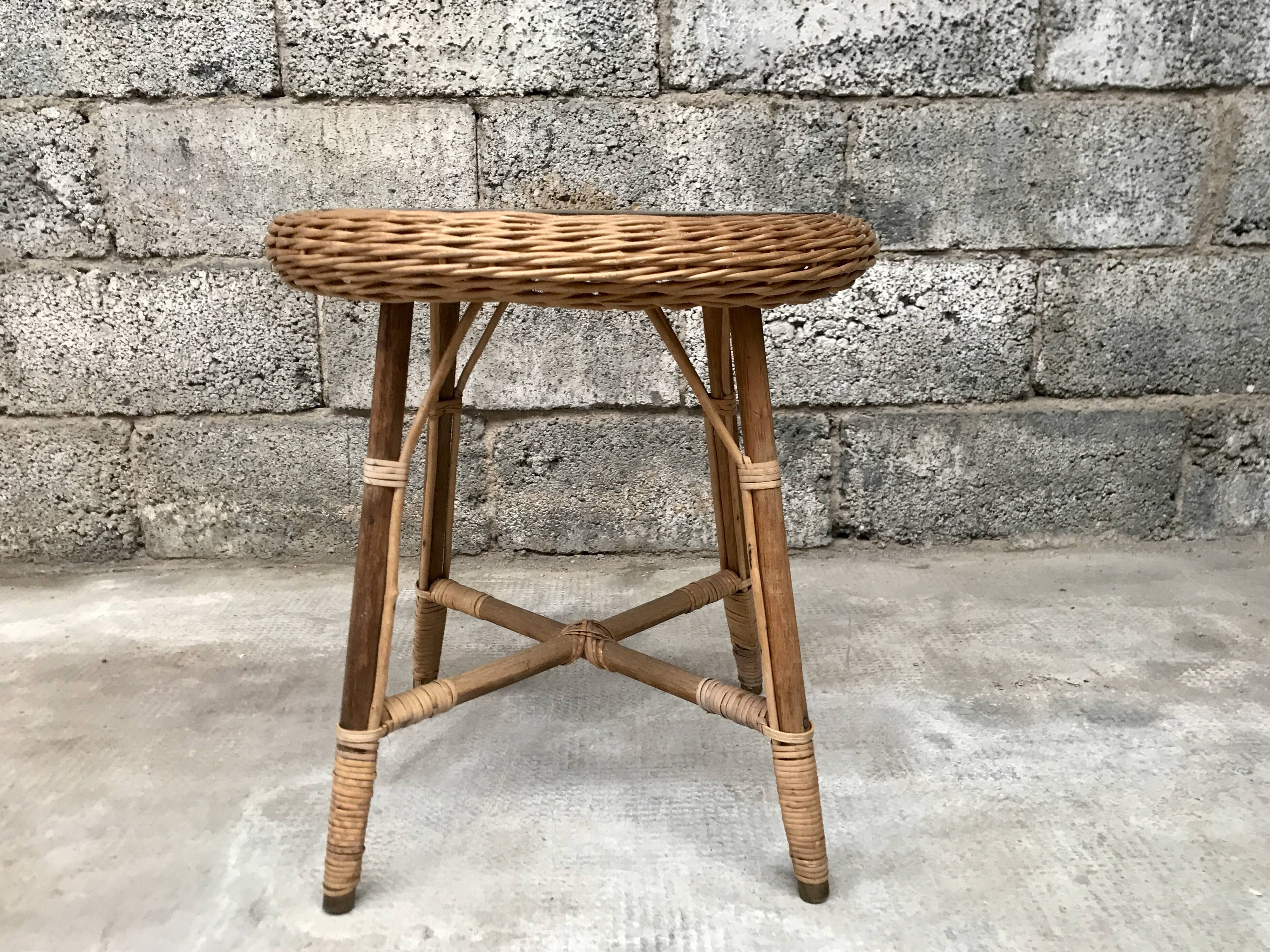 Vintage side table in bohemian old rattan wicker 1950