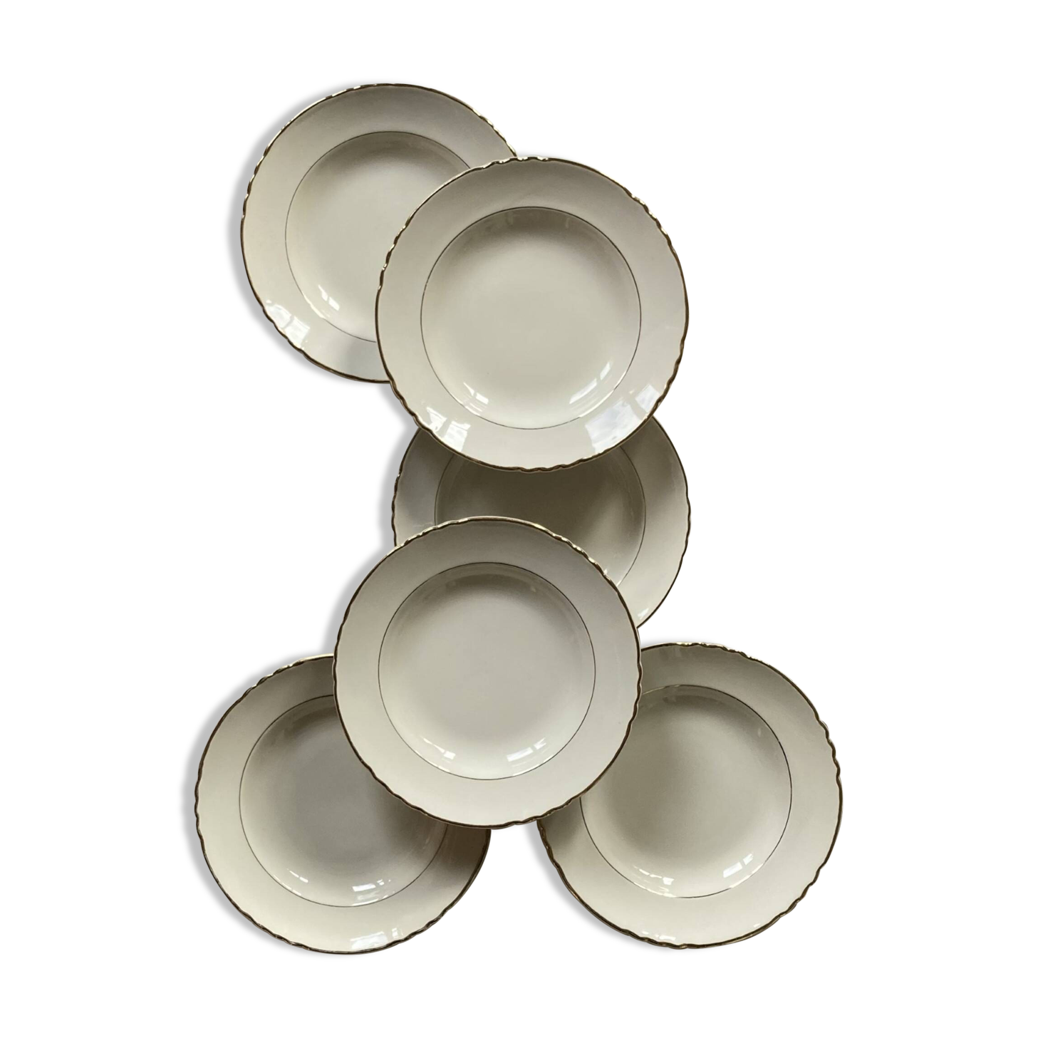 Set of 6 deep plates in old white and gold earthenware Moulin des loups Orchies ACC-6037