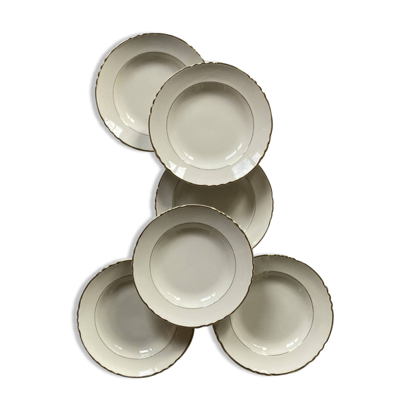 Lot de 6 assiettes creuses faïence ancienne blanche et or Moulin des loups Orchies ACC-6037