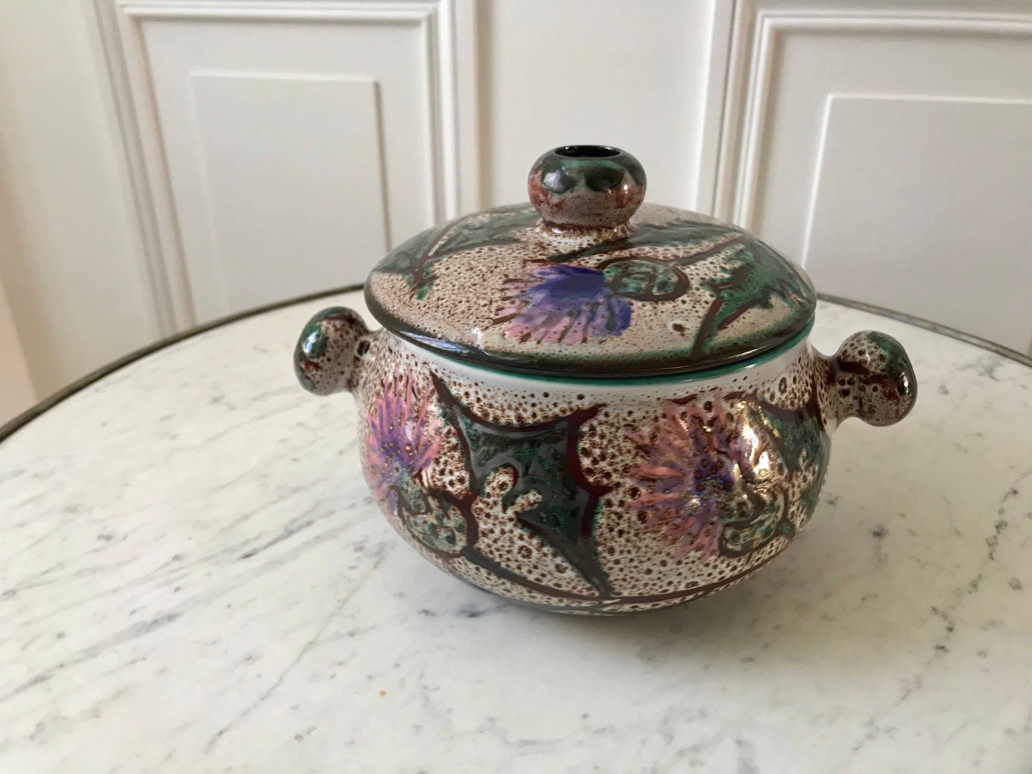 Vallauris sandstone pot hand-painted 60s