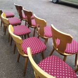 Set of 10 wooden bistro chairs with vintage cushions from the 70s/80s/90s