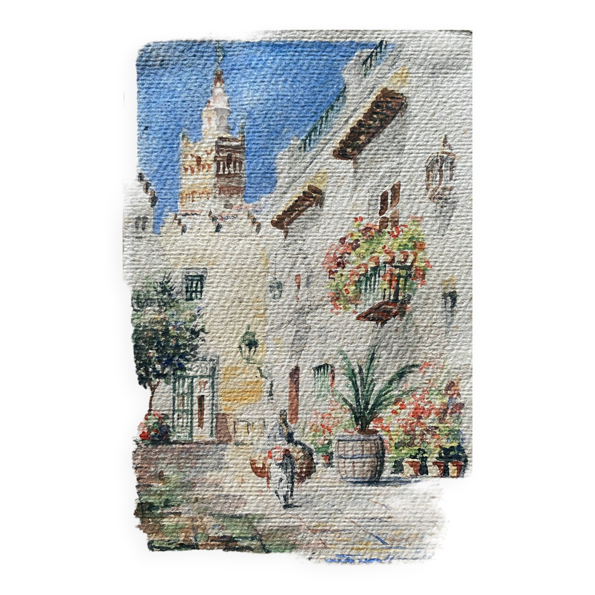 Watercolor Painting "Orientalist landscape" lively alley and mosque