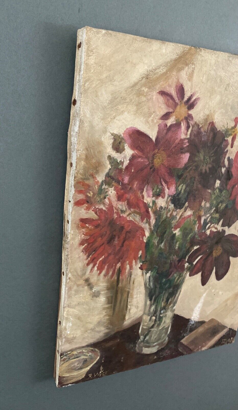 Oil on canvas R. Voyer still life with flowers by 1957
