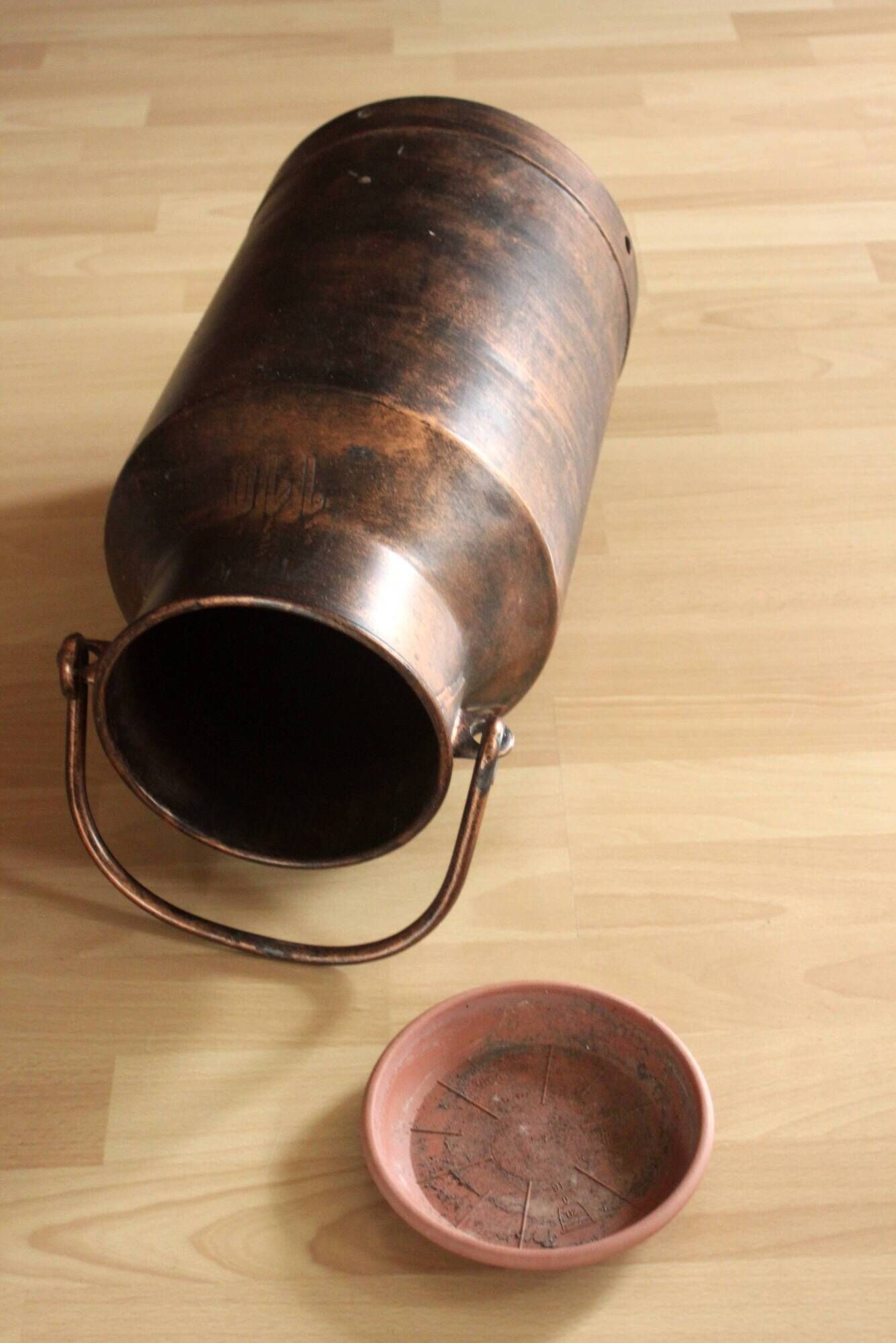 Umbrella stand old copper plated milk can with plastic insert - vintage