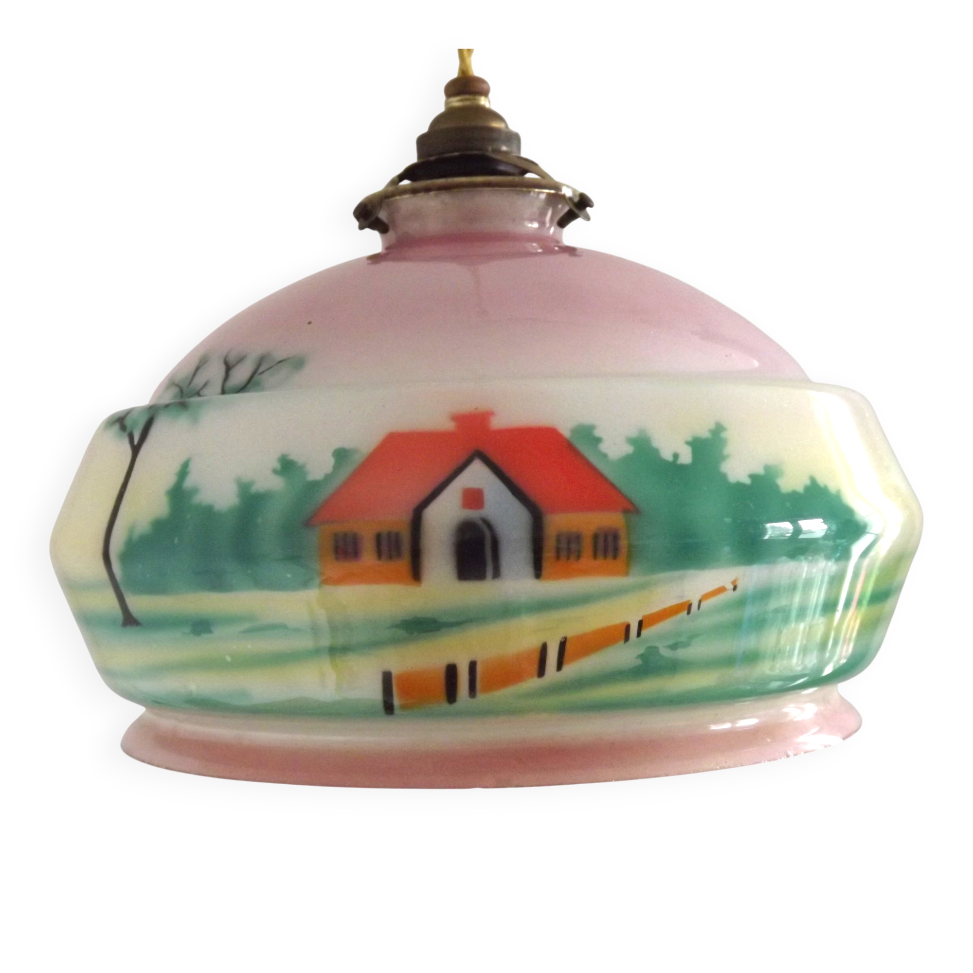 French Art Deco Pink & Cream Pendant Light with House and Tree Design