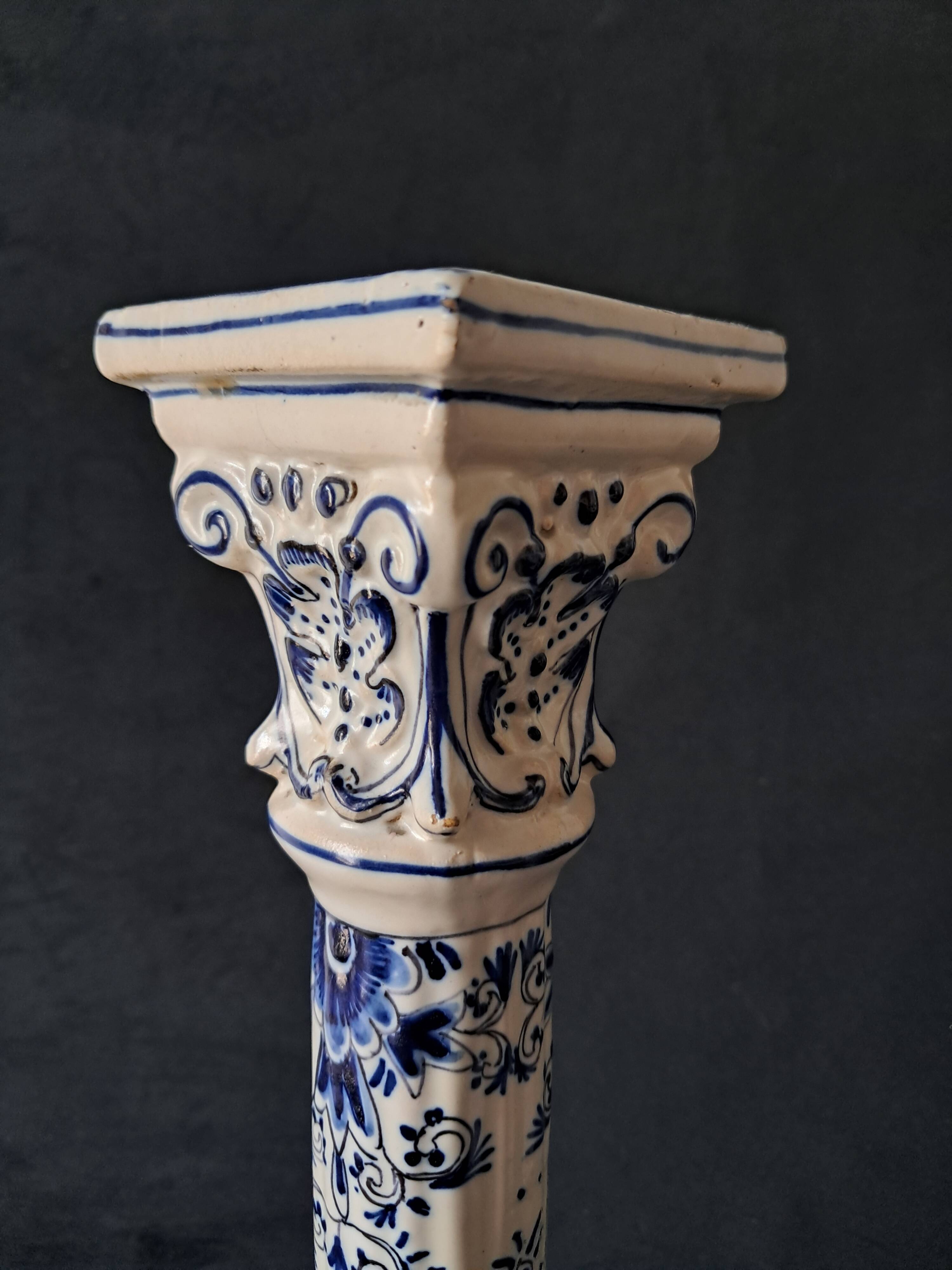 Antique Pair of Column Candlesticks in Blue and White Delftware