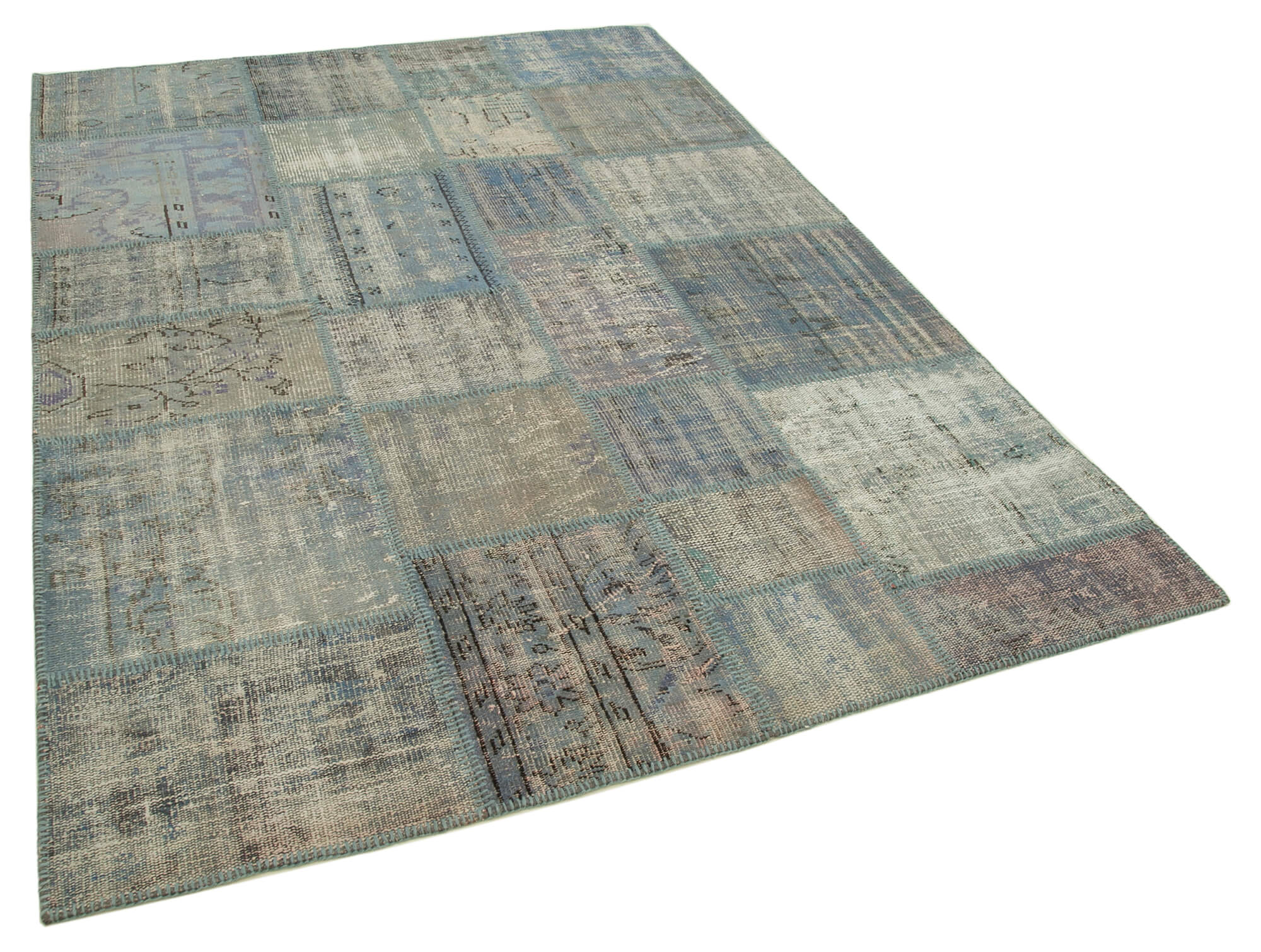 Hand-knotted turkish vintage 175 cm x 244 cm blue patchwork carpet
