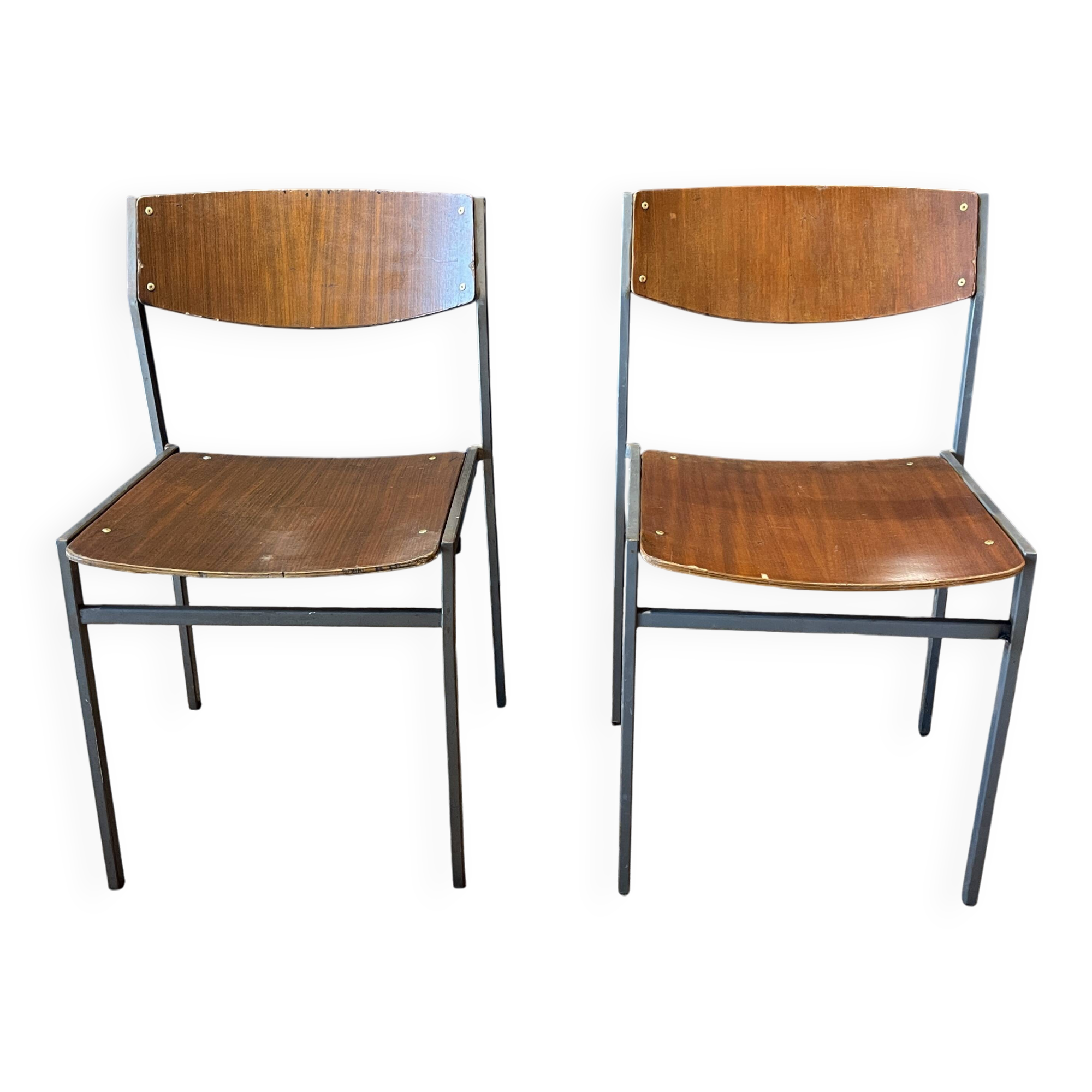 Pair of Gijs Van Der Sluis chairs in wood and taupe grey steel legs, Netherlands