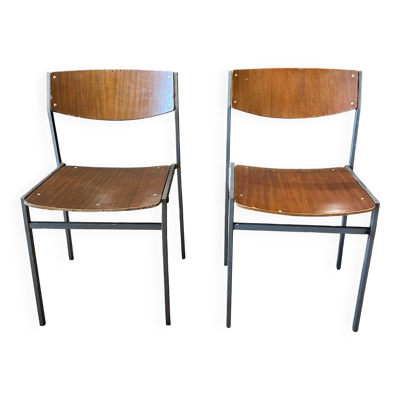 Paire de chaises Gijs Van Der Sluis bois et pieds acier gris taupe Pays Bas