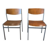Pair of Gijs Van Der Sluis chairs in wood and taupe grey steel legs, Netherlands