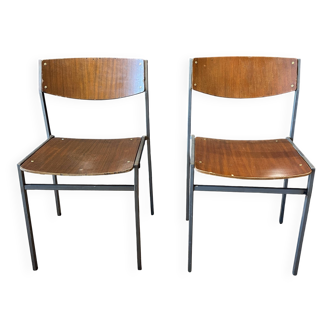 Pair of Gijs Van Der Sluis chairs in wood and taupe grey steel legs, Netherlands