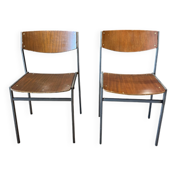 Pair of Gijs Van Der Sluis chairs in wood and taupe grey steel legs, Netherlands
