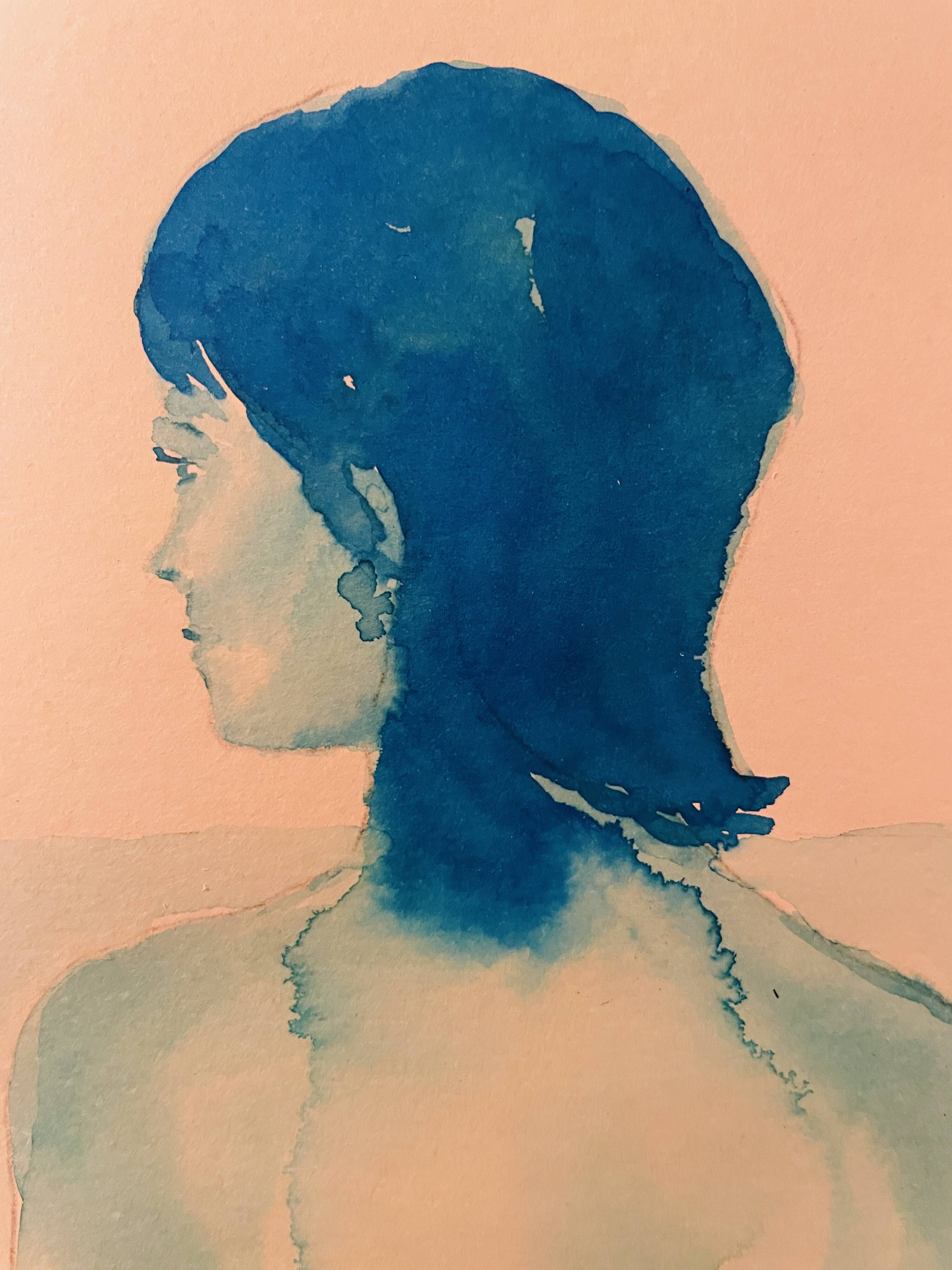 Signed monochrome blue painting of a female portrait "Weekend in Capri" Italy