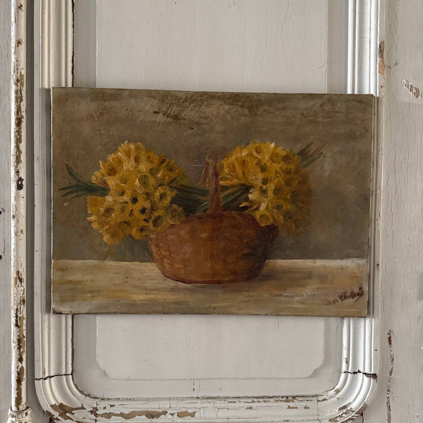 Oil on canvas still life bouquets of daffodils in a basket 20th century