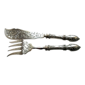 Napoleon III fish cutlery, chiseled silver metal, openwork, Louis XV style