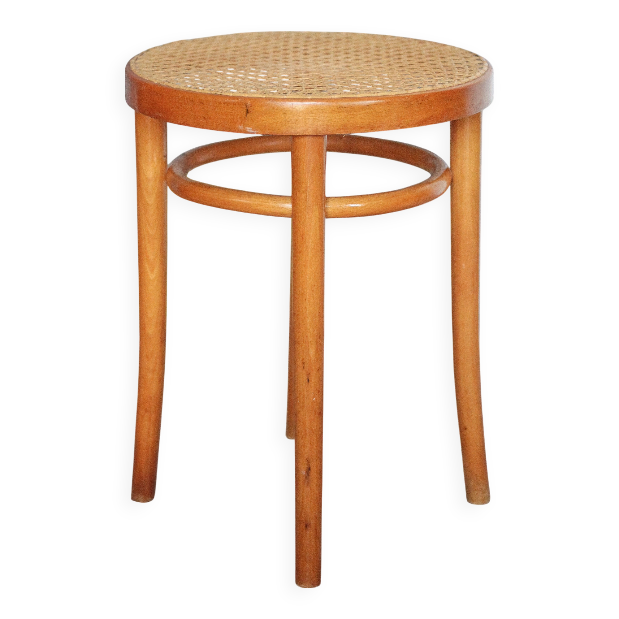 Vintage wooden and cane stool, stool made in Romania, wooden stool