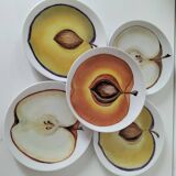 5 hand-painted dessert plates with stylised fruit designs.