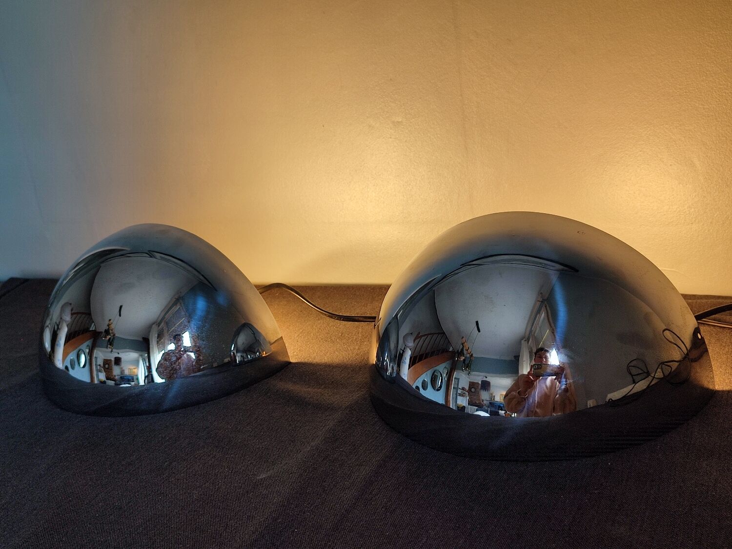 Pair of vintage chromed metal half-moon wall lamp