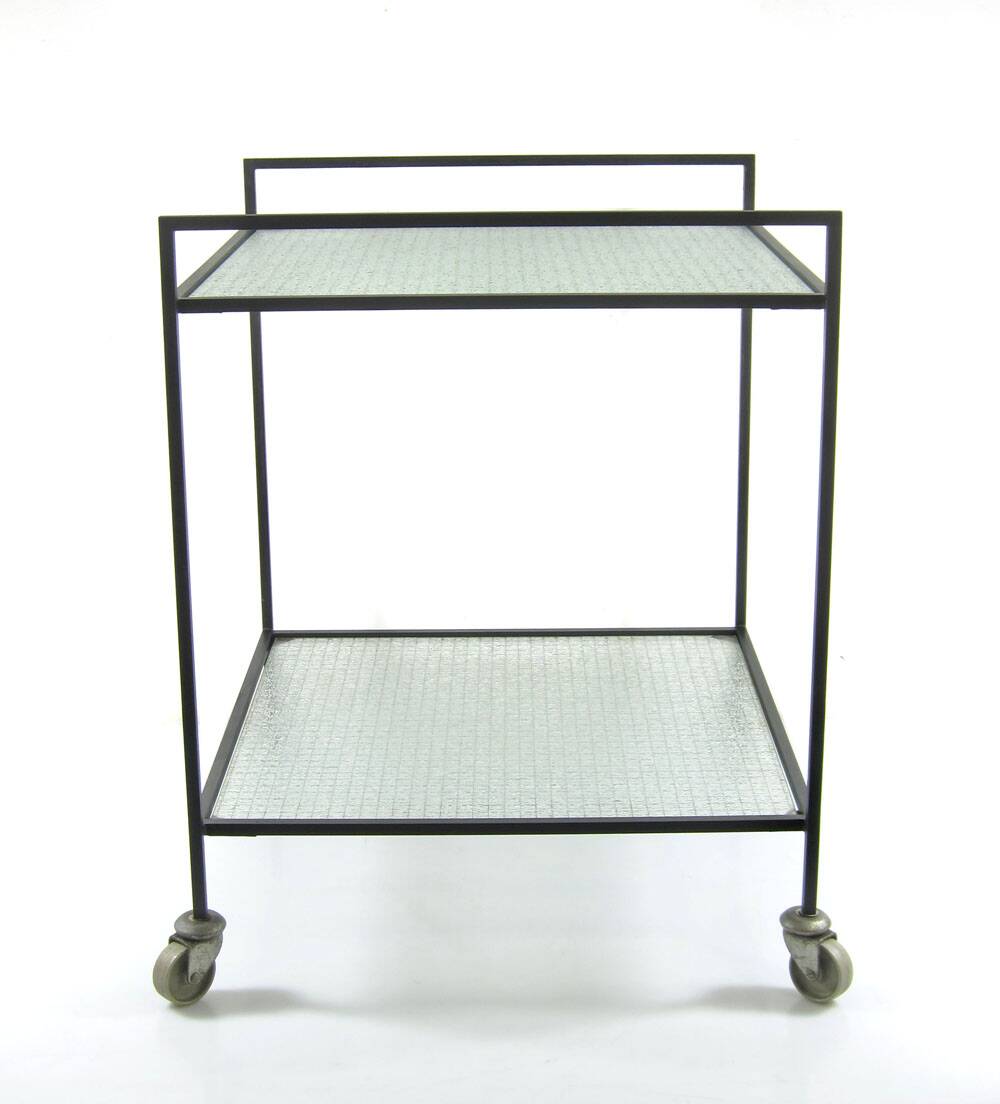 Minimal steel and wired glass sixties tea trolley