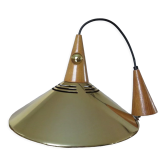 Scandinavian pendant lamp in teak and gilded metal 70s