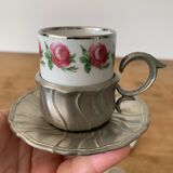 2 small porcelain cups and their pewter cup holders