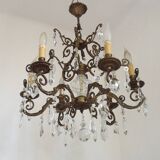 Magnificent French Antique Bronze Glass & Crystal 6 Light Cage Chandelier 4662