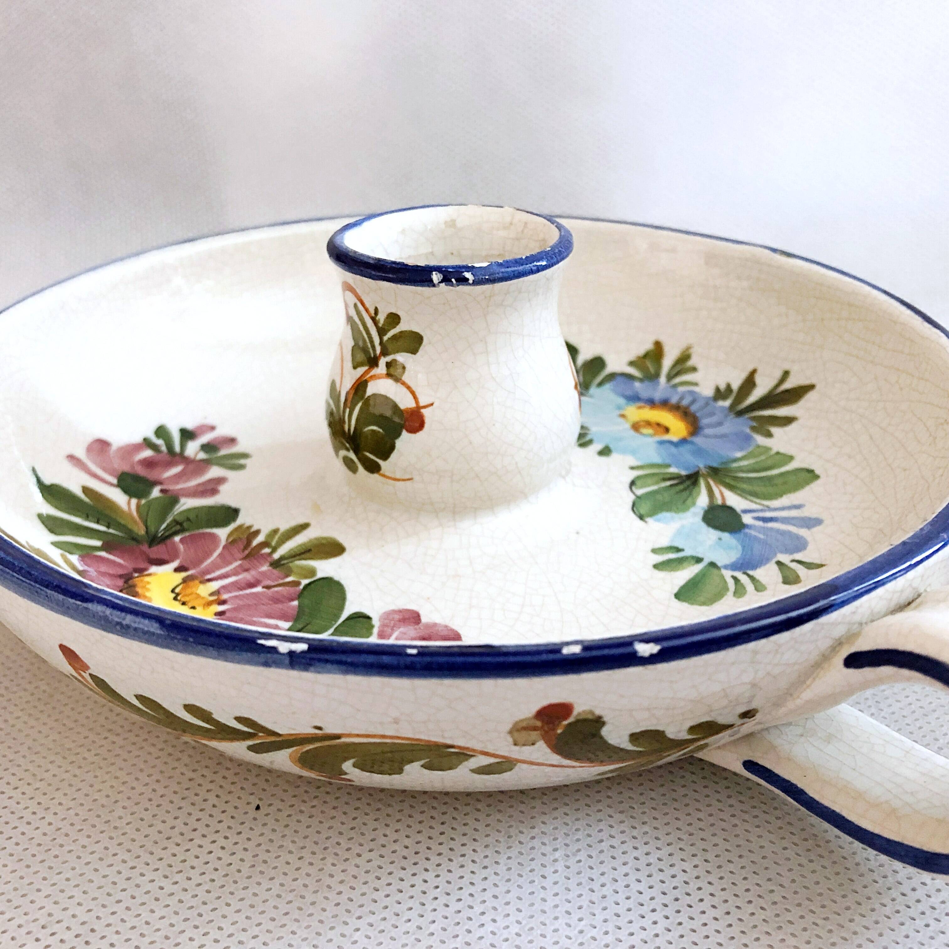 Pair of handmade cracked earthenware hand candlesticks signed Bassano Italy