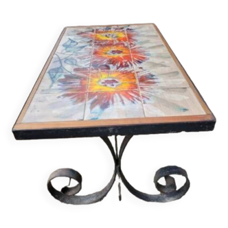 Table basse fer forgé et céramique Vallauris