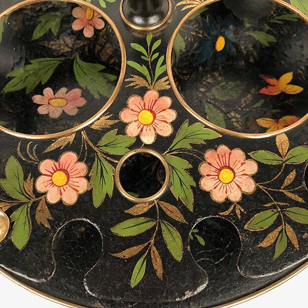 Liquor cabaret in 19th century painted sheet metal, carafes and glasses attributed to the Creusot crystal factory