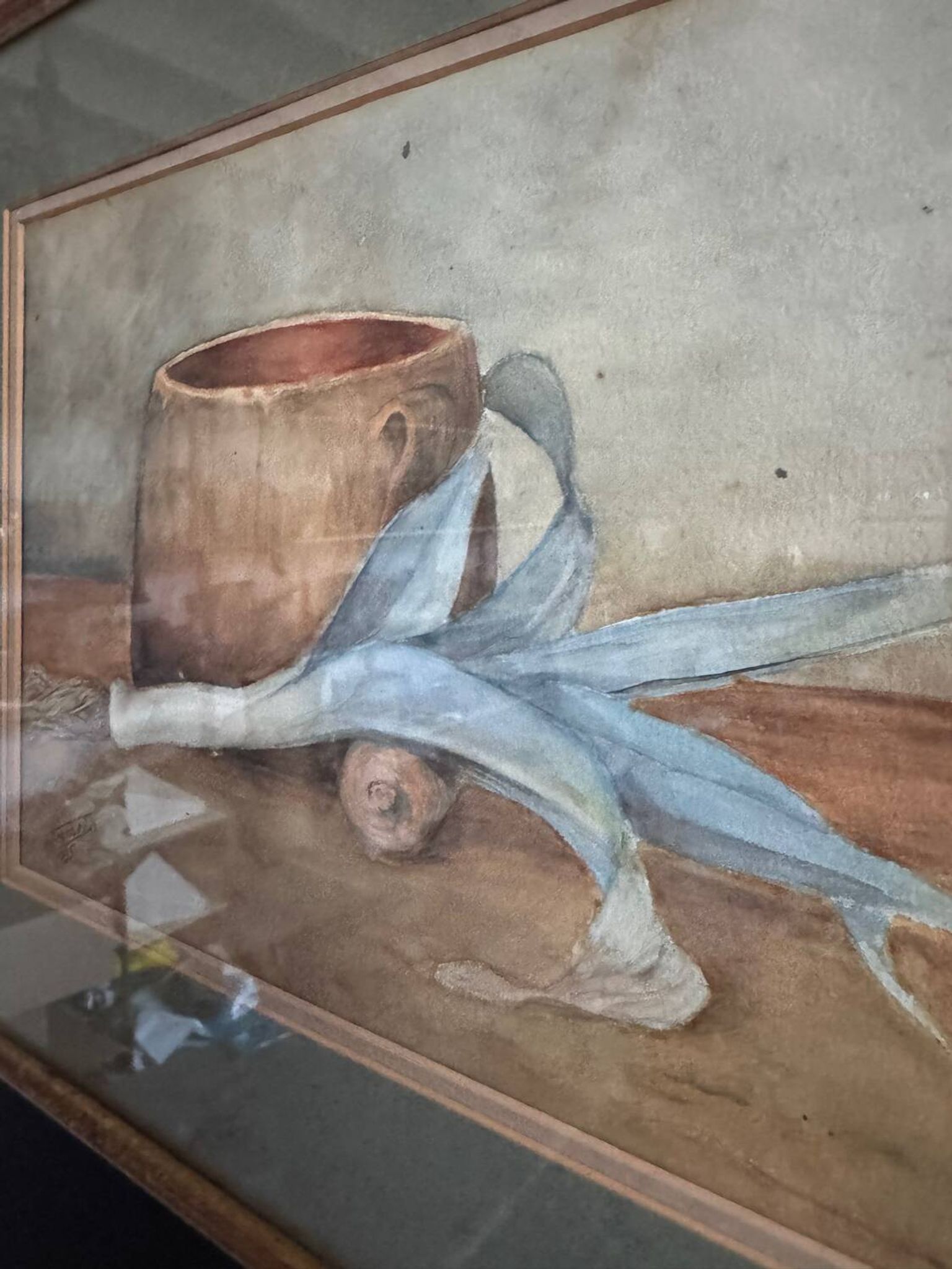 Aquarelle nature morte poireau ancienne 