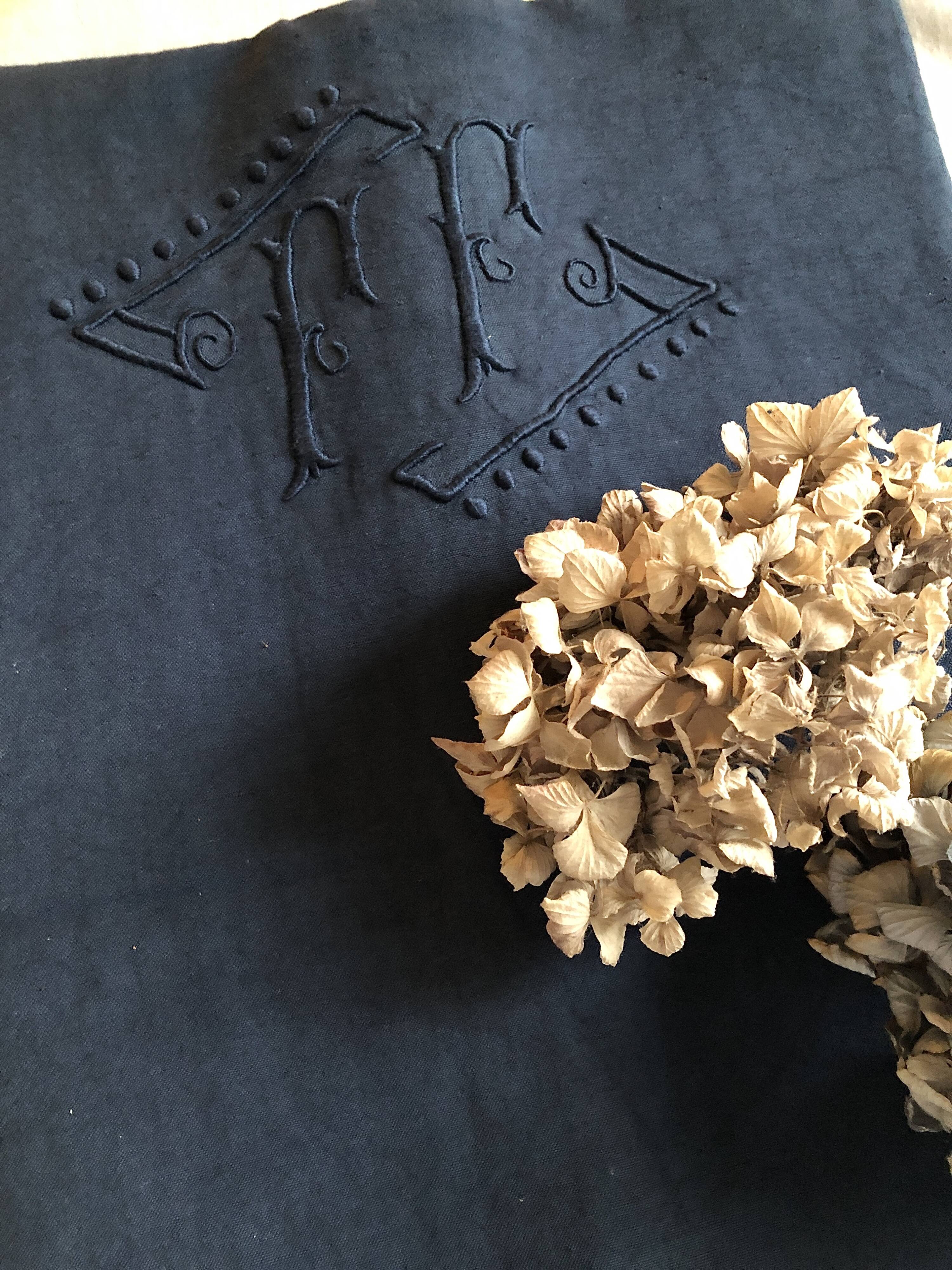 Old linen and cotton sheet dyed in night blue