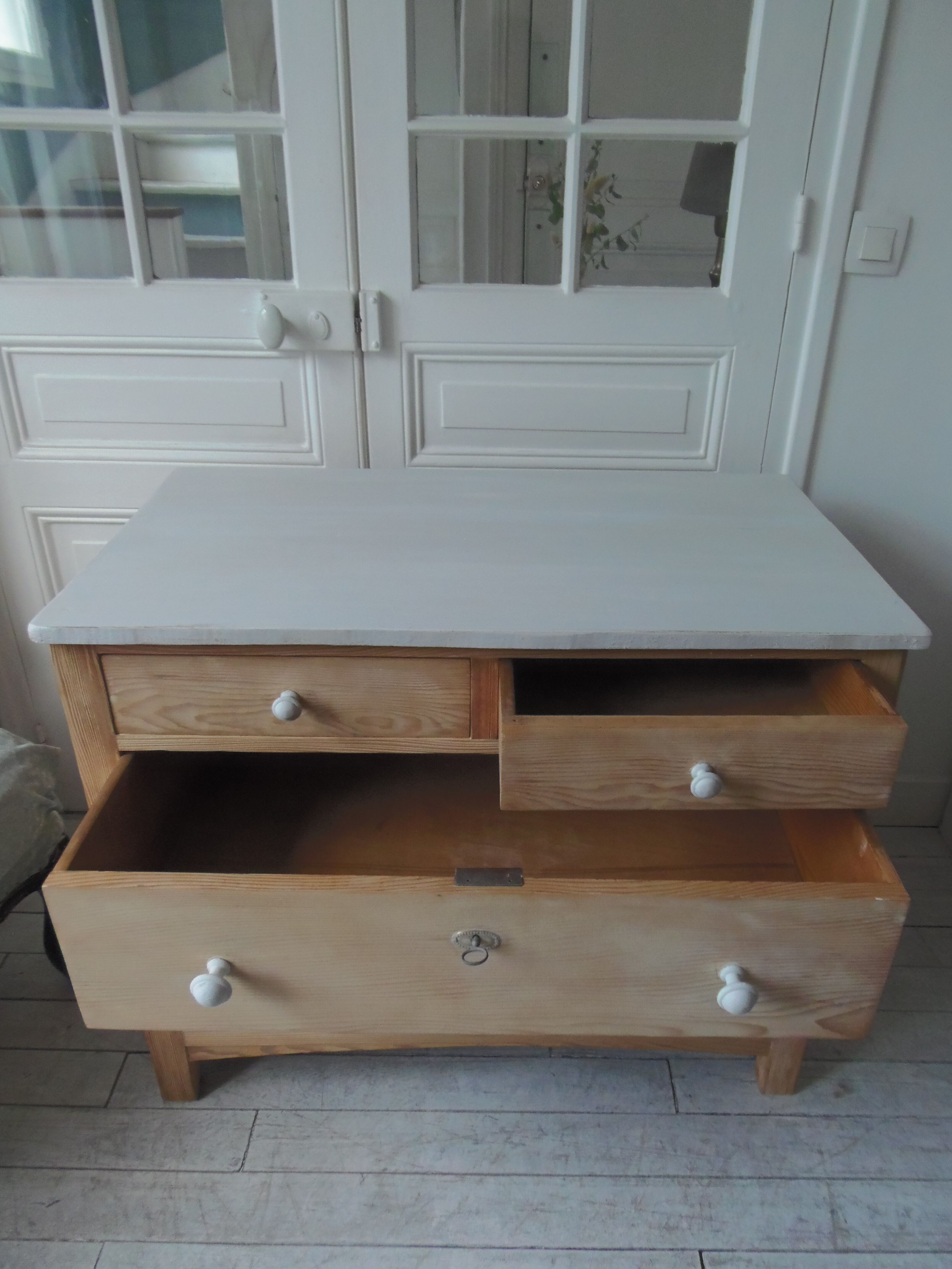 Vintage raw pitchpin chest of drawers, pearl grey patinated drawer tray buttons